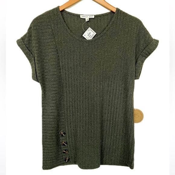 New PARALLEL SKIES Ribbed Button Rolled Sleeve Green Sweater Women SIZE S - Picture 1 of 6